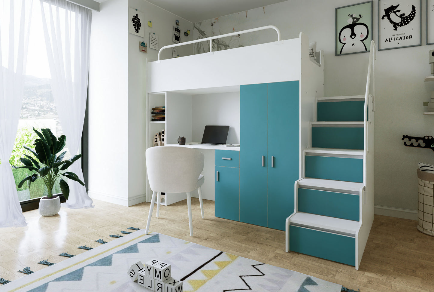 Jessie 4s High Sleeper Modern Set with Wardrobe Desk Stairs and Cabin Bed