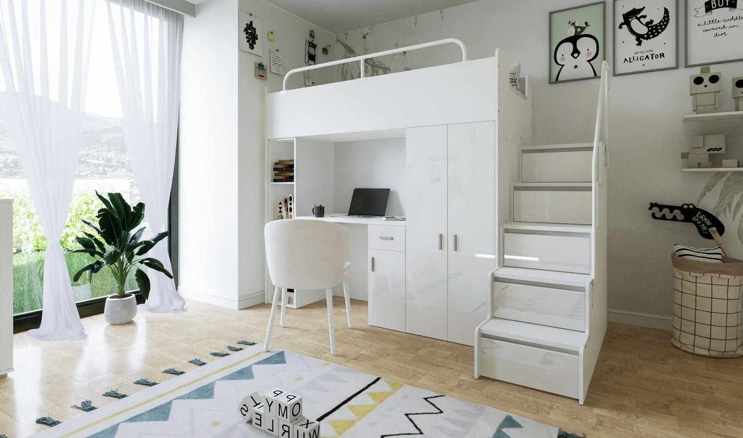Jessie 4s High Sleeper Modern Set with Wardrobe Desk Stairs and Cabin Bed