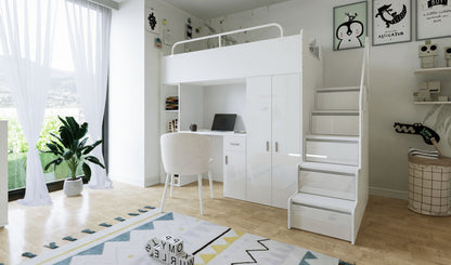 Jessie 4s High Sleeper Modern Set with Wardrobe Desk Stairs and Cabin Bed