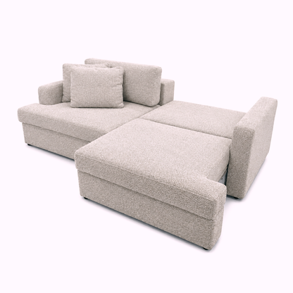 A  grey-beige fabric sofa bed, white background