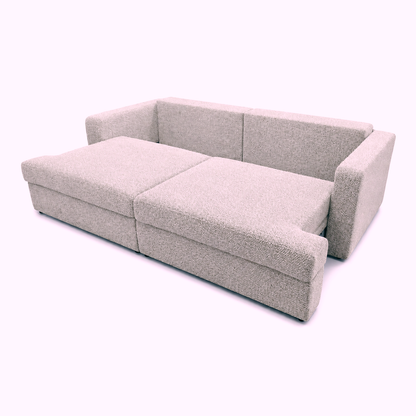 A  grey-beige fabric sofa bed, white background