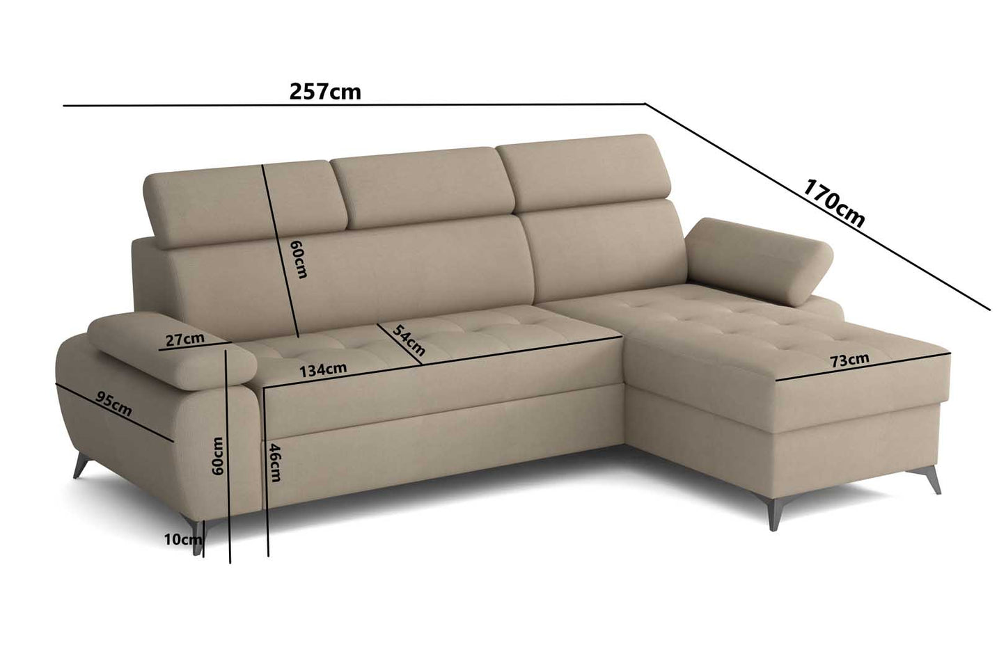 GALAXY Corner Sofa with Sleeping Function and Storage Custom Colour Width 257 cm