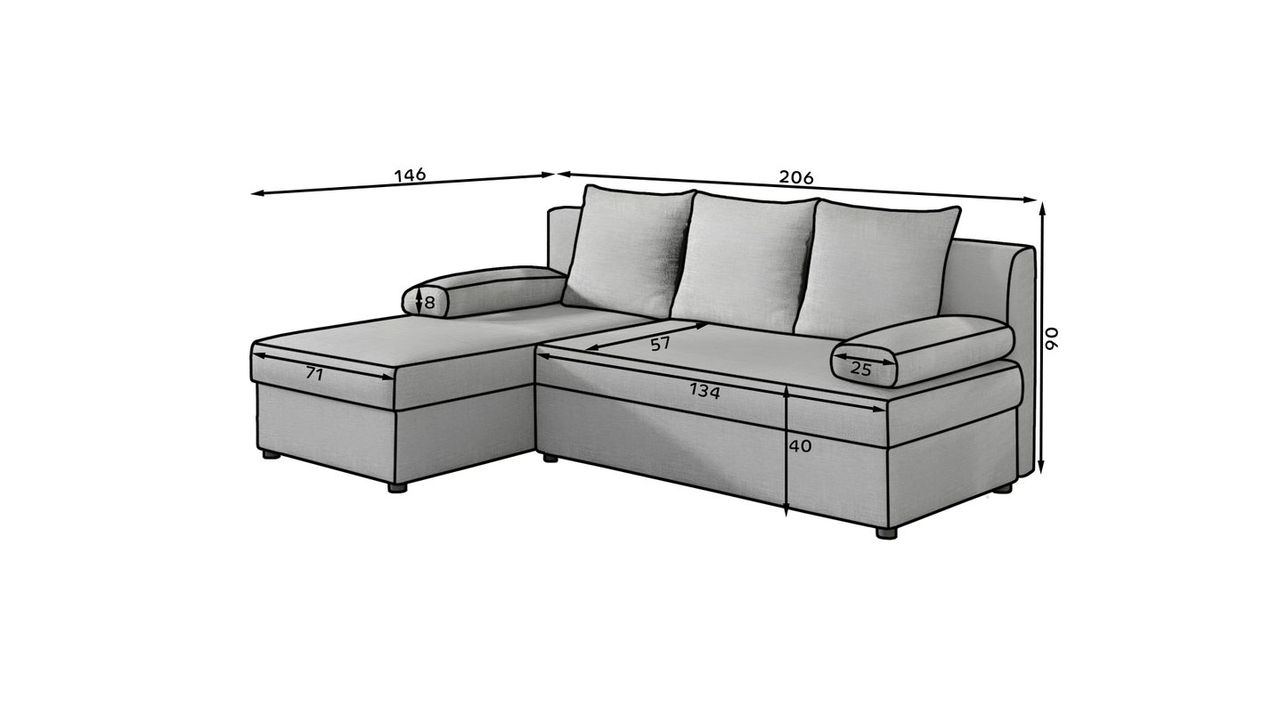 GIZMO Sawana -Universal Corner Sofa with Sleeping Function Custom Colour Width 206 cm