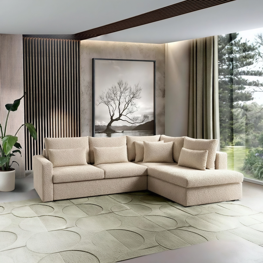 Lahti Right-Hand Corner Sofa Bed | Light Beige Bouclé (Amore Pearl)