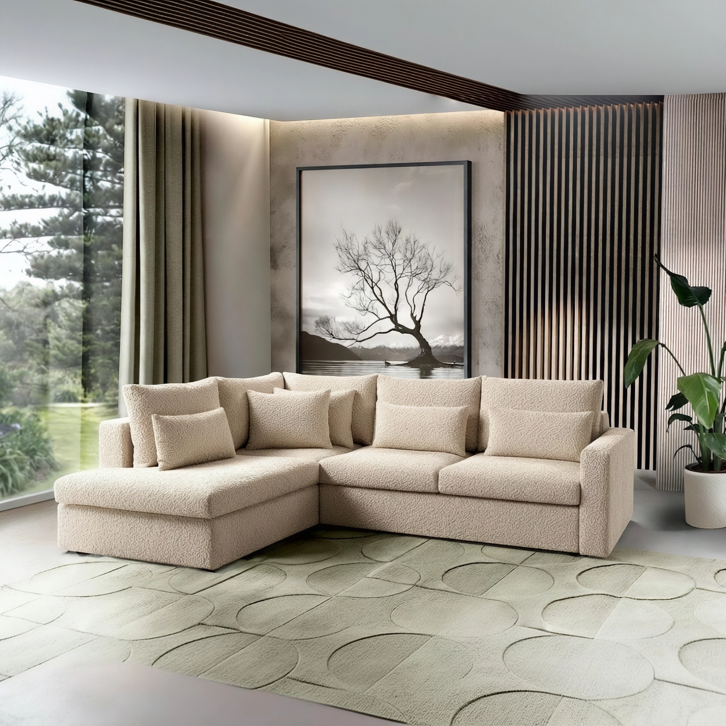 Lahti Left-Hand Corner Sofa Bed | Light Beige Bouclé (Amore Pearl)