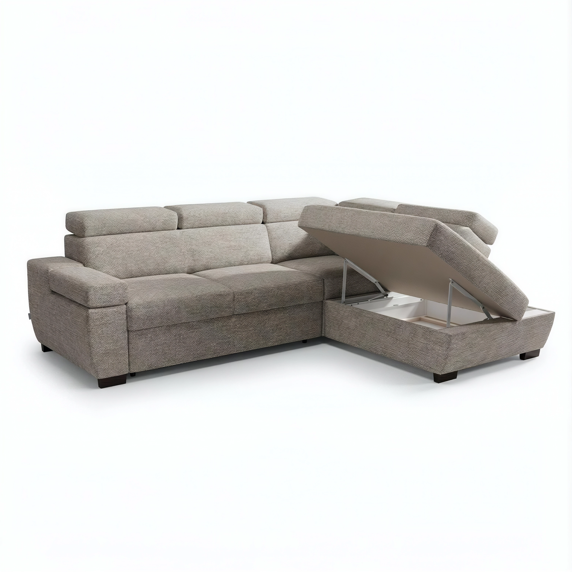 A beige upholstered sectional sofa with a lift-up chaise section, shown on a plain white studio background.