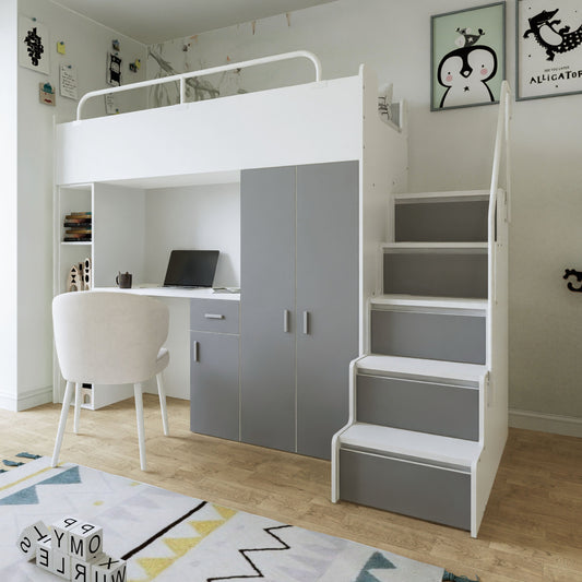 Jessie 4s High Sleeper Modern Set with Wardrobe Desk Stairs and Cabin Bed