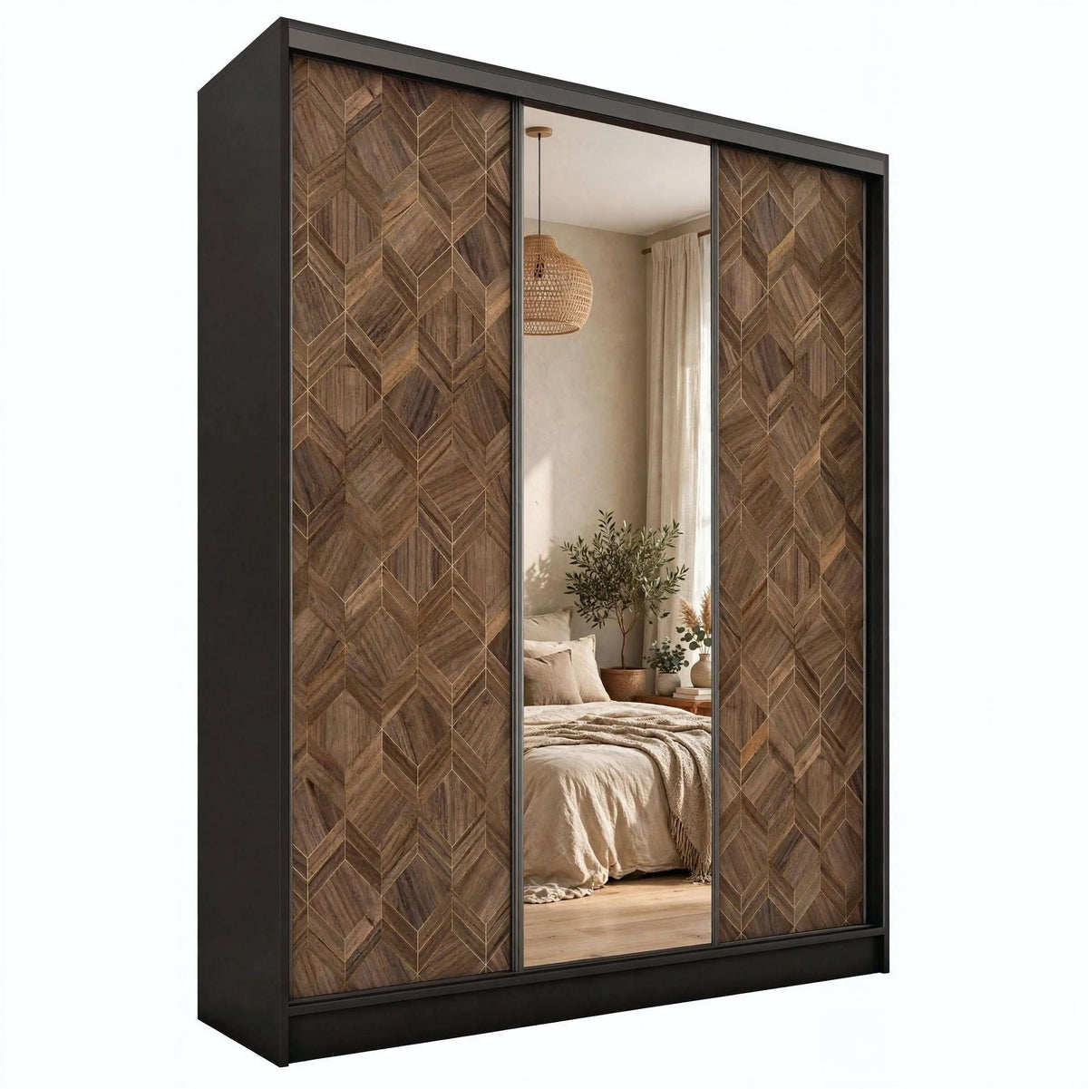 ANEYA Mirror - 3 Sliding Door Wardrobe With Drawers Shelves 2 Rail, Mirror, Black Body 3 Colour Front width 150 cm
