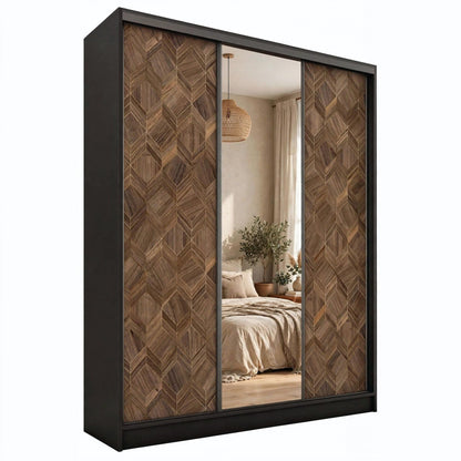 ANEYA Mirror - 3 Sliding Door Wardrobe With Drawers Shelves 2 Rail, Mirror, Black Body 3 Colour Front width 150 cm