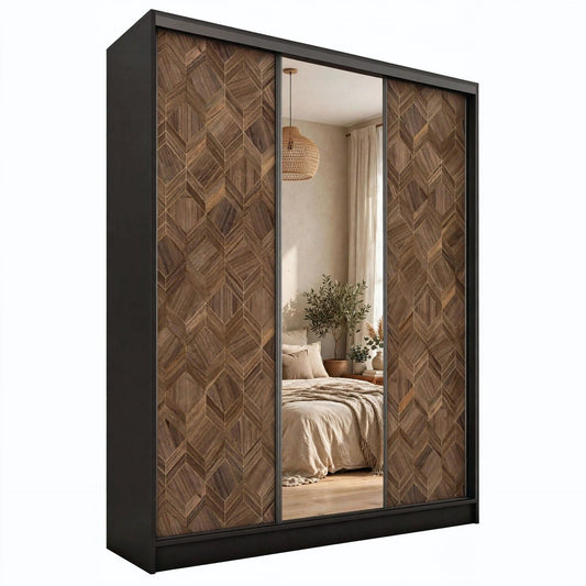 ANEYA Mirror - 3 Sliding Door Wardrobe With Drawers Shelves 2 Rail, Mirror, Black Body 3 Colour Front width 150 cm