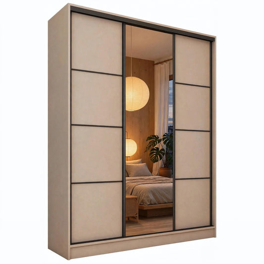ANEYA Mirror - 3 Sliding Door Wardrobe With Drawers Shelves 2 Rail, Mirror, Three Colour width 150 cm