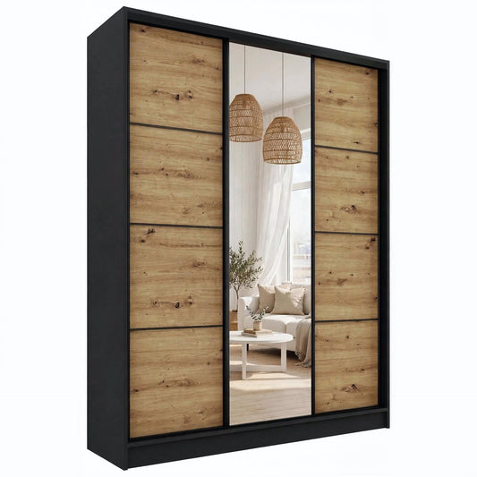 ANEYA Mirror - 3 Sliding Door Wardrobe With Drawers Shelves 2 Rail, Mirror, Various Colour 150 cm
