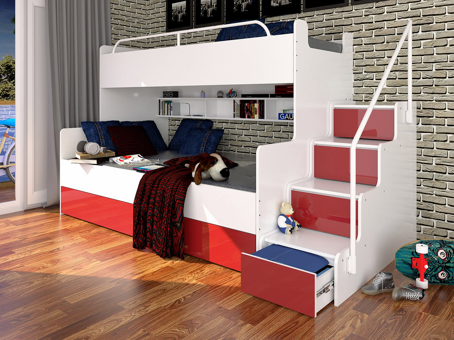 TWIN Step Bunk Bed Various Colours High Gloss Double & Single Bed > 243 cm x 150 cm <