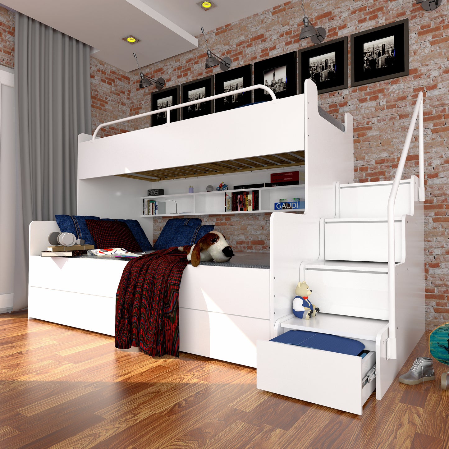 TWIN Step Bunk Bed Various Colours High Gloss Double & Single Bed > 243 cm x 150 cm <