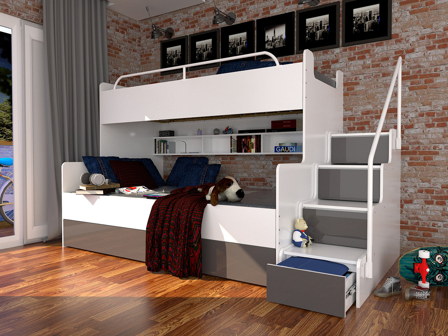 TWIN Step Bunk Bed Various Colours High Gloss Double & Single Bed > 243 cm x 150 cm <