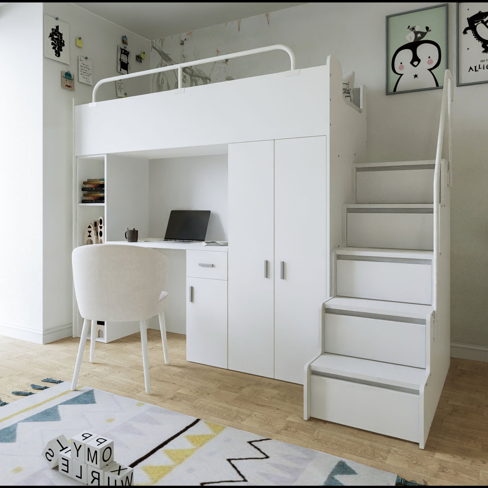 A modern white and grey high sleeper bed system, featuring an upper single bunk and integrated study desk
