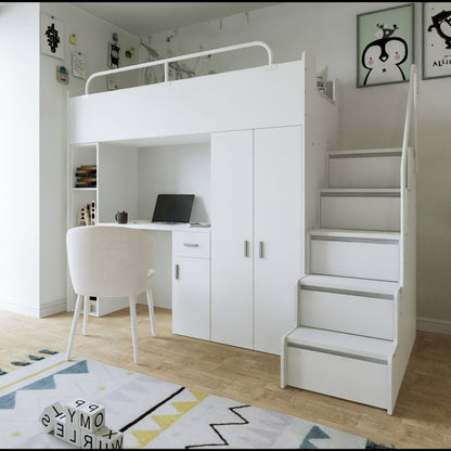 A modern white and grey high sleeper bed system, featuring an upper single bunk and integrated study desk