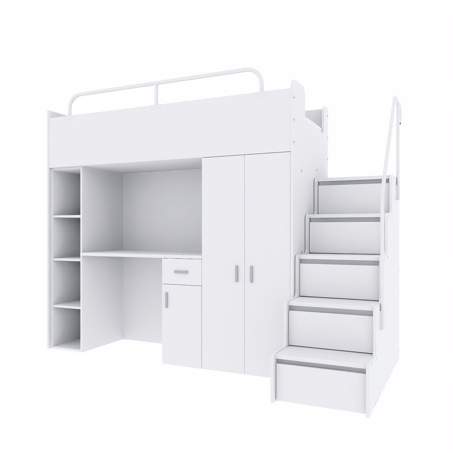 A modern white high sleeper bed system, featuring an upper single bunk and integrated study desk