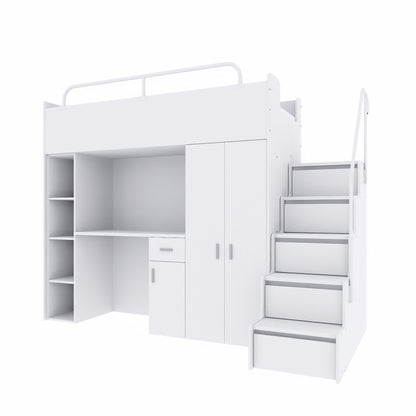 A modern white high sleeper bed system, featuring an upper single bunk and integrated study desk