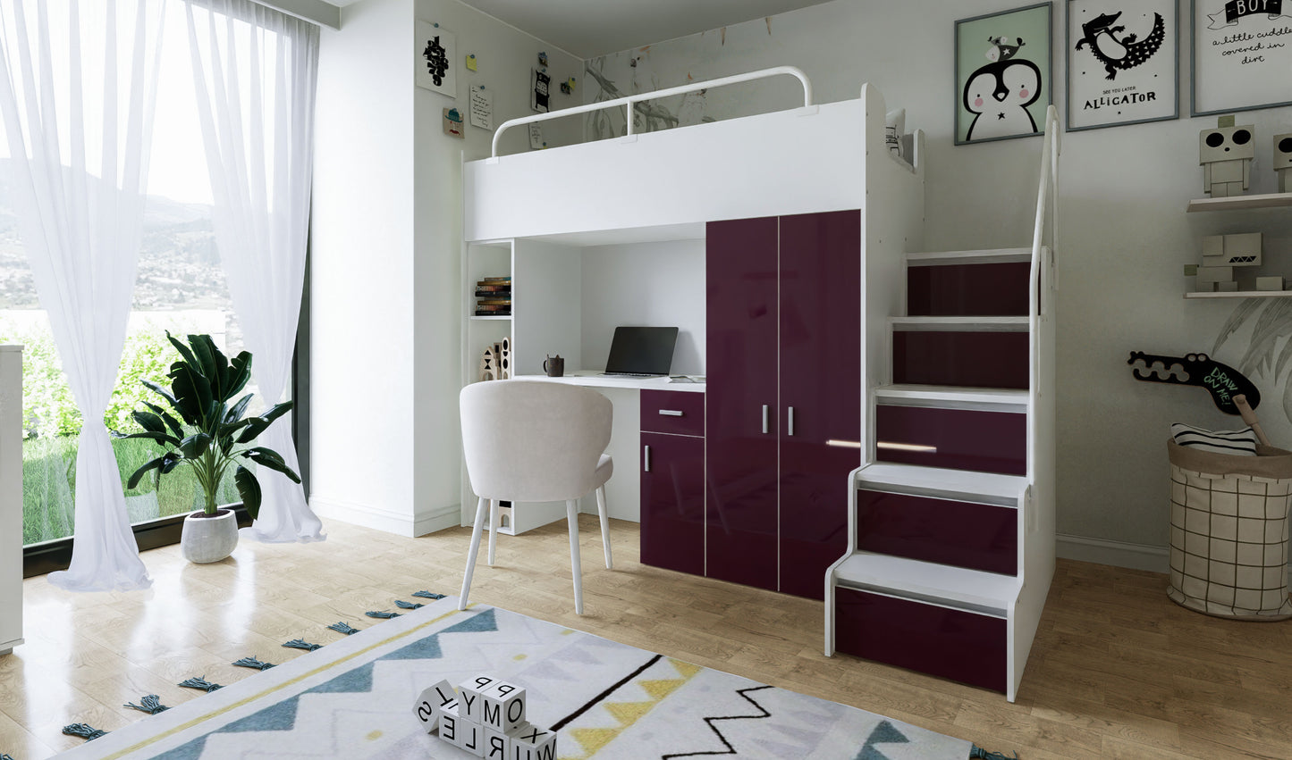 A modern white and purple high sleeper bed system, featuring an upper single bunk and integrated study desk