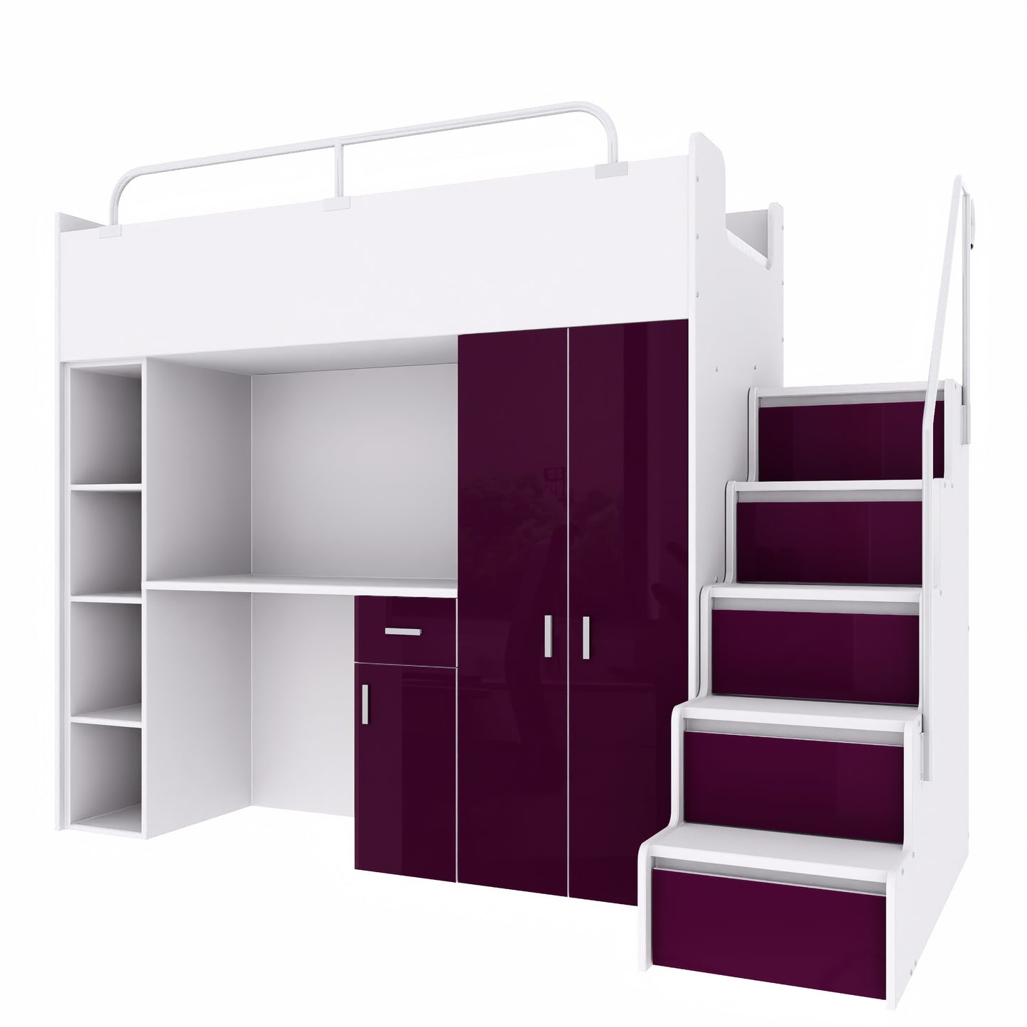 A modern white and purple high sleeper bed system, featuring an upper single bunk and integrated study desk