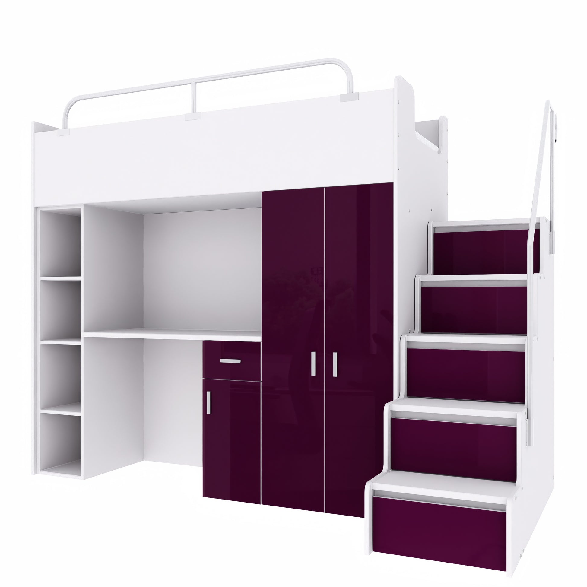 A modern white and purple high sleeper bed system, featuring an upper single bunk and integrated study desk
