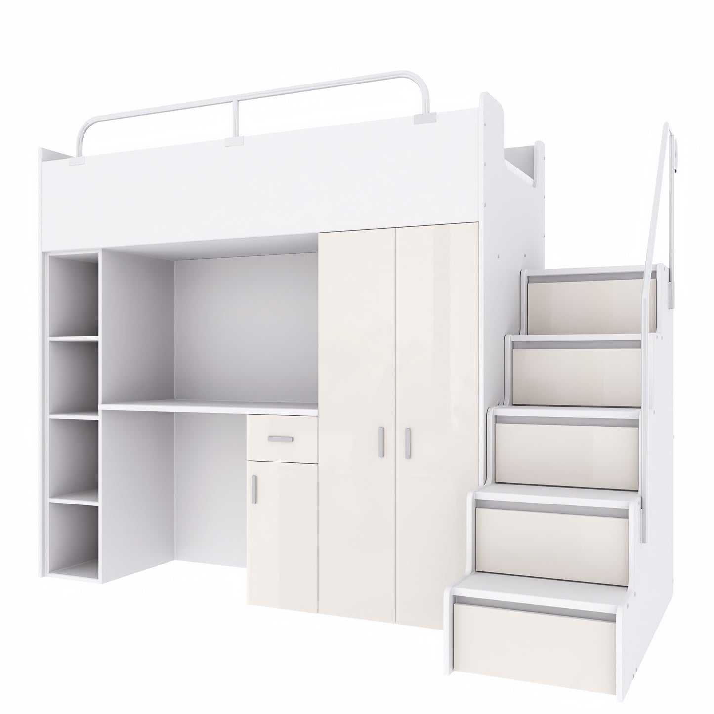 A modern white and  beige high sleeper bed system, featuring an upper single bunk and integrated study desk
