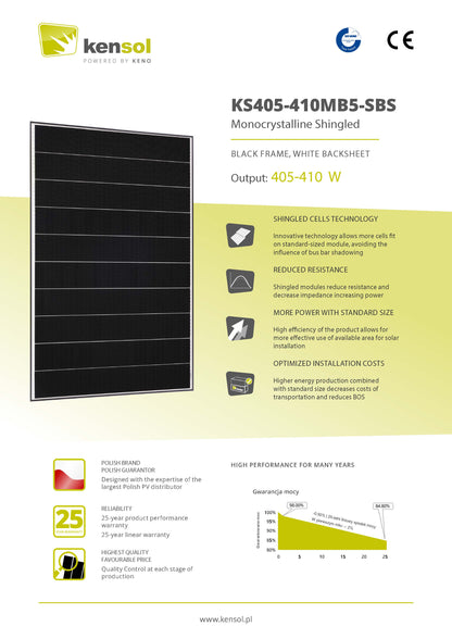 KENSOL 410W SHINGLED PHOTOVOLTAIC MODULE, 30MM, BLACK FRAME, WHITE BACKSHEET, EVO2 CONNECTOR