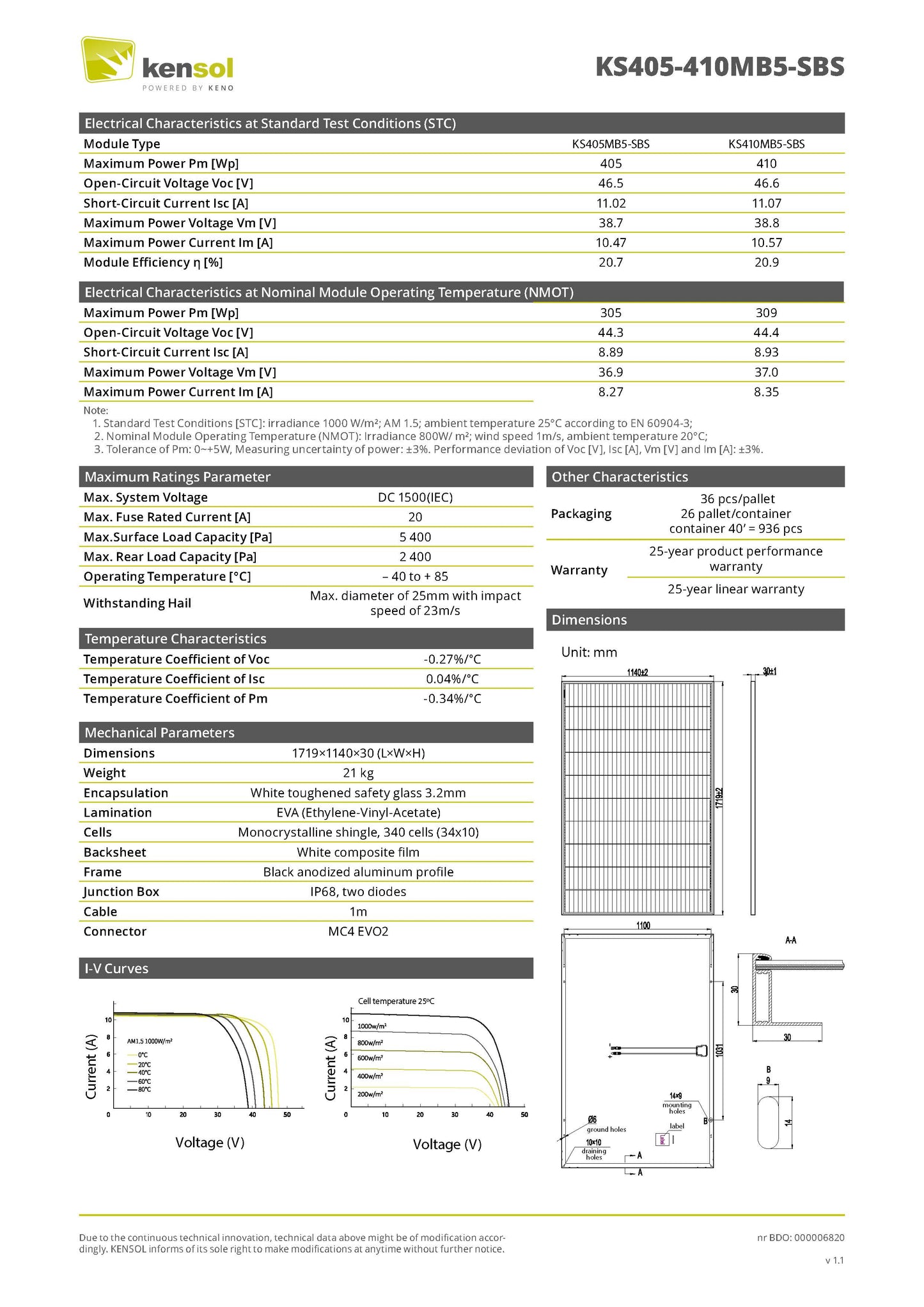 KENSOL 410W SHINGLED PHOTOVOLTAIC MODULE, 30MM, BLACK FRAME, WHITE BACKSHEET, EVO2 CONNECTOR