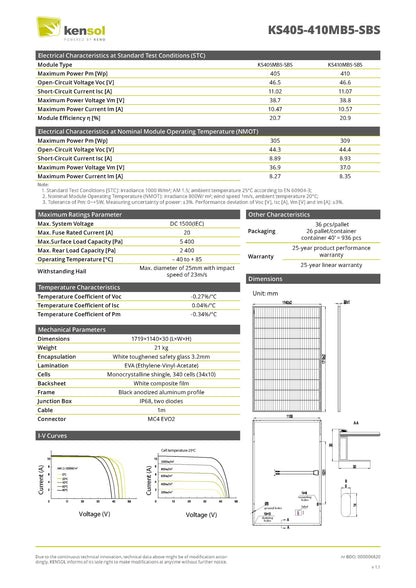 KENSOL 410W SHINGLED PHOTOVOLTAIC MODULE, 30MM, BLACK FRAME, WHITE BACKSHEET, EVO2 CONNECTOR