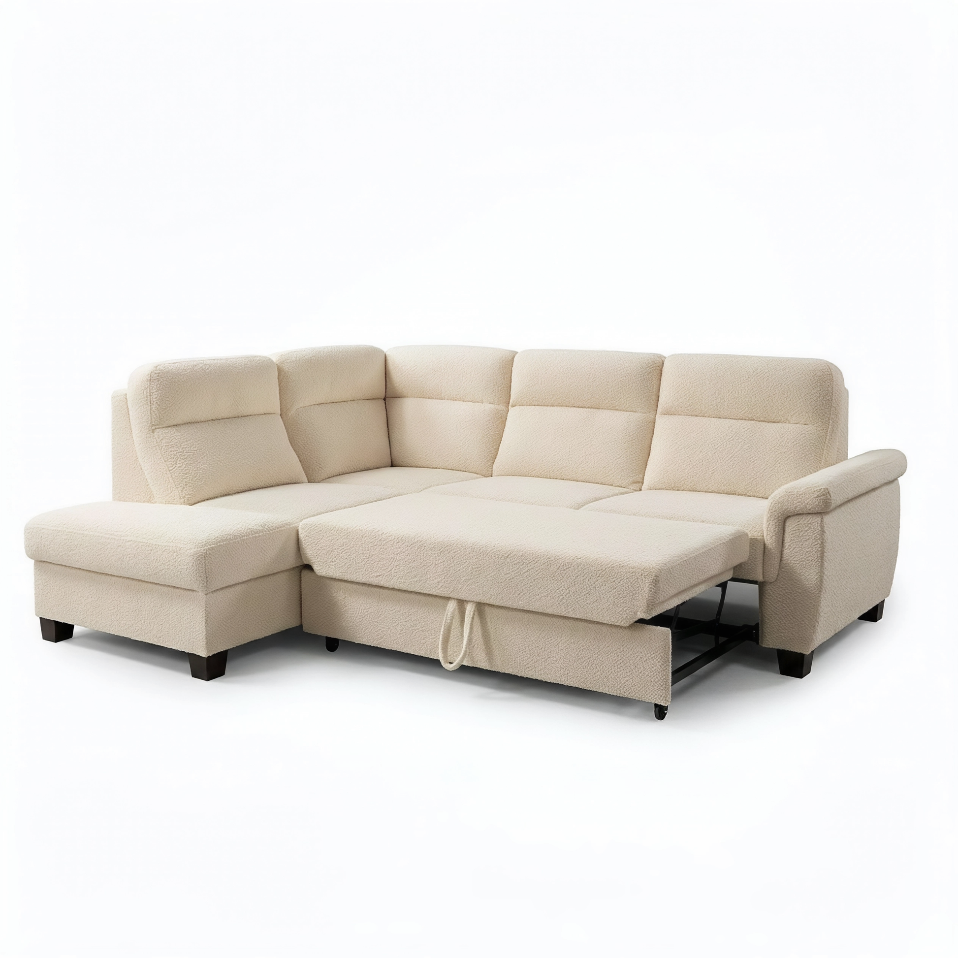 A light beige fabric sectional sofa with a chaise lounge on the left, shown in a reclining position with the seat cushion pulled out. The sofa has dark wooden legs and is photographed against a seamless white background.