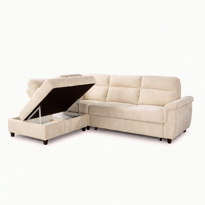 An L-shaped sectional sofa upholstered in light beige fabric, shown with the left chaise section raised to reveal a dark storage compartment underneath. The sofa is photographed on a seamless white background.