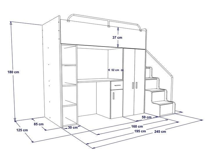 Jessie 4s High Sleeper Modern Set with Wardrobe Desk Stairs and Cabin Bed