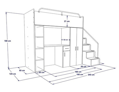 Jessie 4s High Sleeper Modern Set with Wardrobe Desk Stairs and Cabin Bed