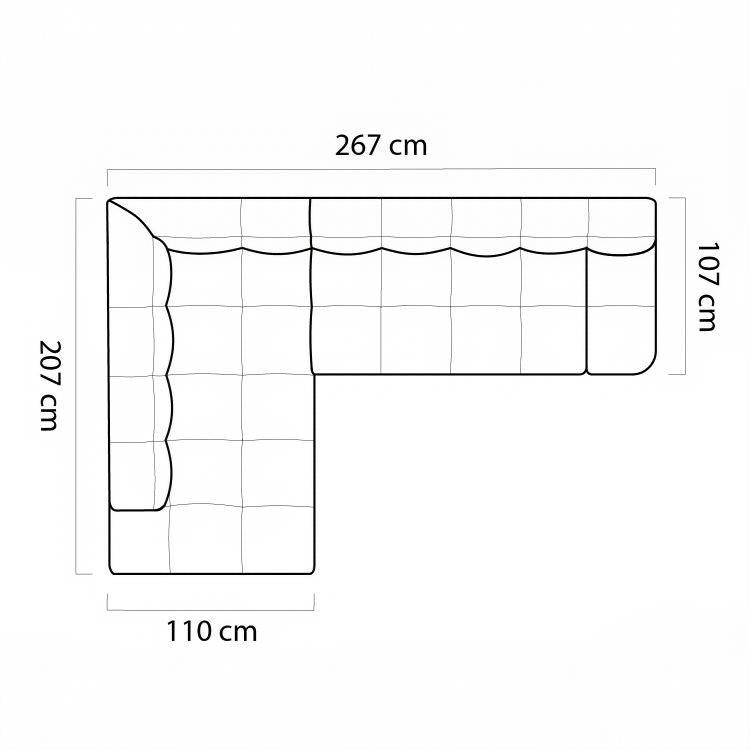 A black-and-white line drawing of an L-shaped sectional sofa outline with dimension labels: 267 cm across the top, 207 cm on the left, 107 cm on the right, and 110 cm at the bottom.