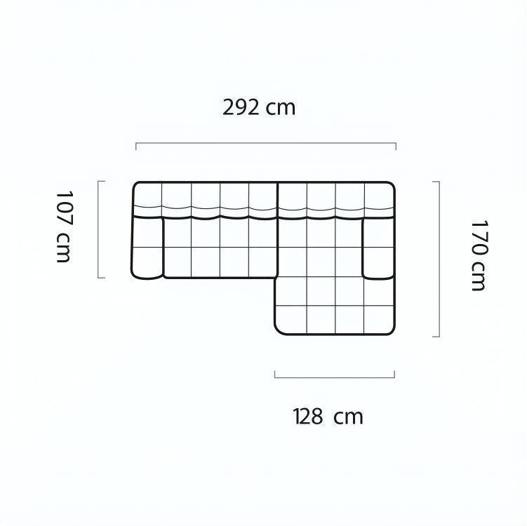 A simple black line drawing on a white background showing the dimensions of a modular upholstered seating unit. The diagram includes measurements 292 cm, 170 cm, 107 cm, and 128 cm with brackets and arrows indicating width and height.