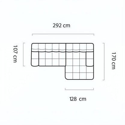 A simple black line drawing on a white background showing the dimensions of a modular upholstered seating unit. The diagram includes measurements 292 cm, 170 cm, 107 cm, and 128 cm with brackets and arrows indicating width and height.