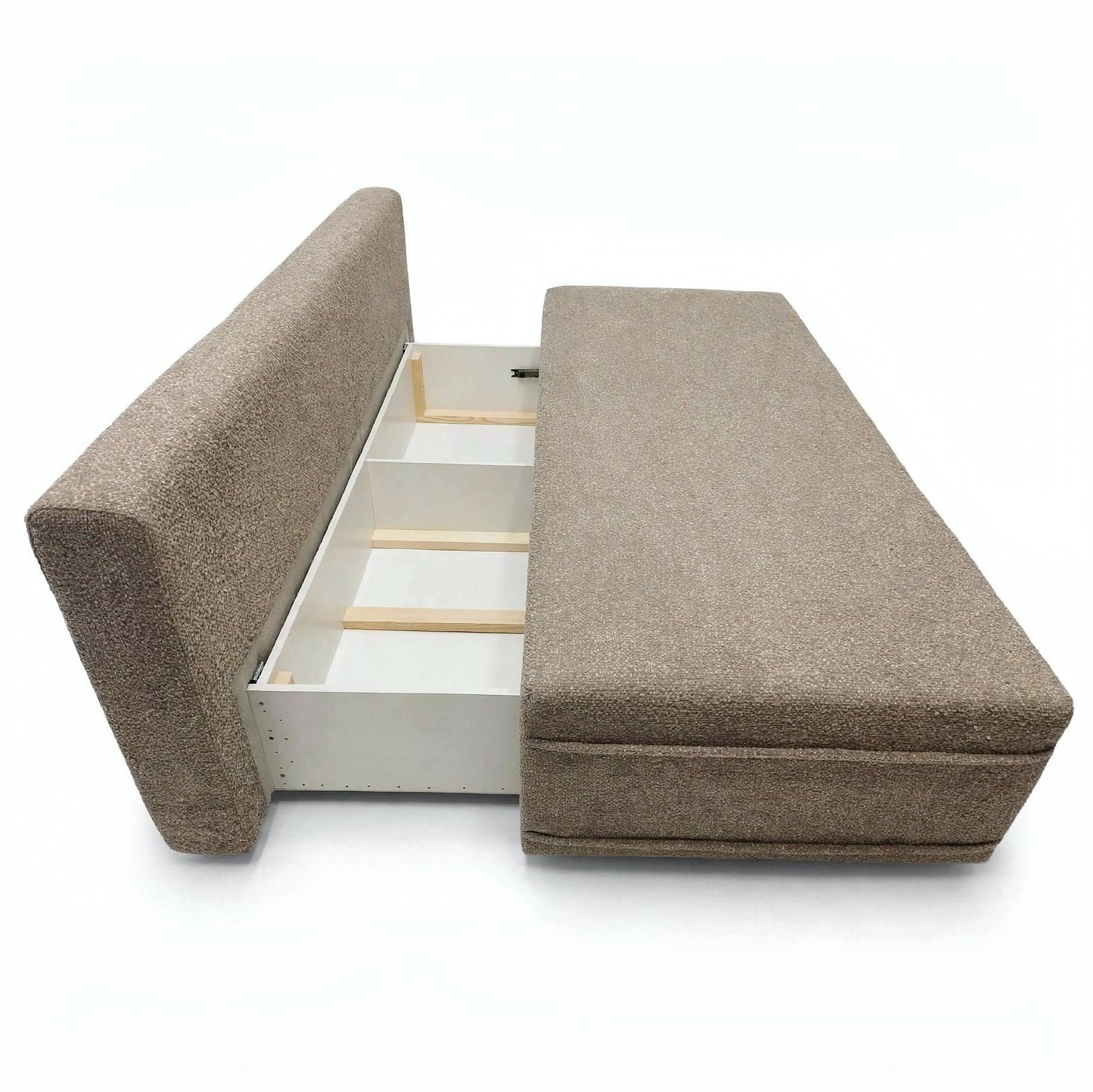 An upholstered storage bench or sofa seat with a textured taupe fabric, shown with the seat cushion pulled open to reveal a white storage compartment with wooden dividers.