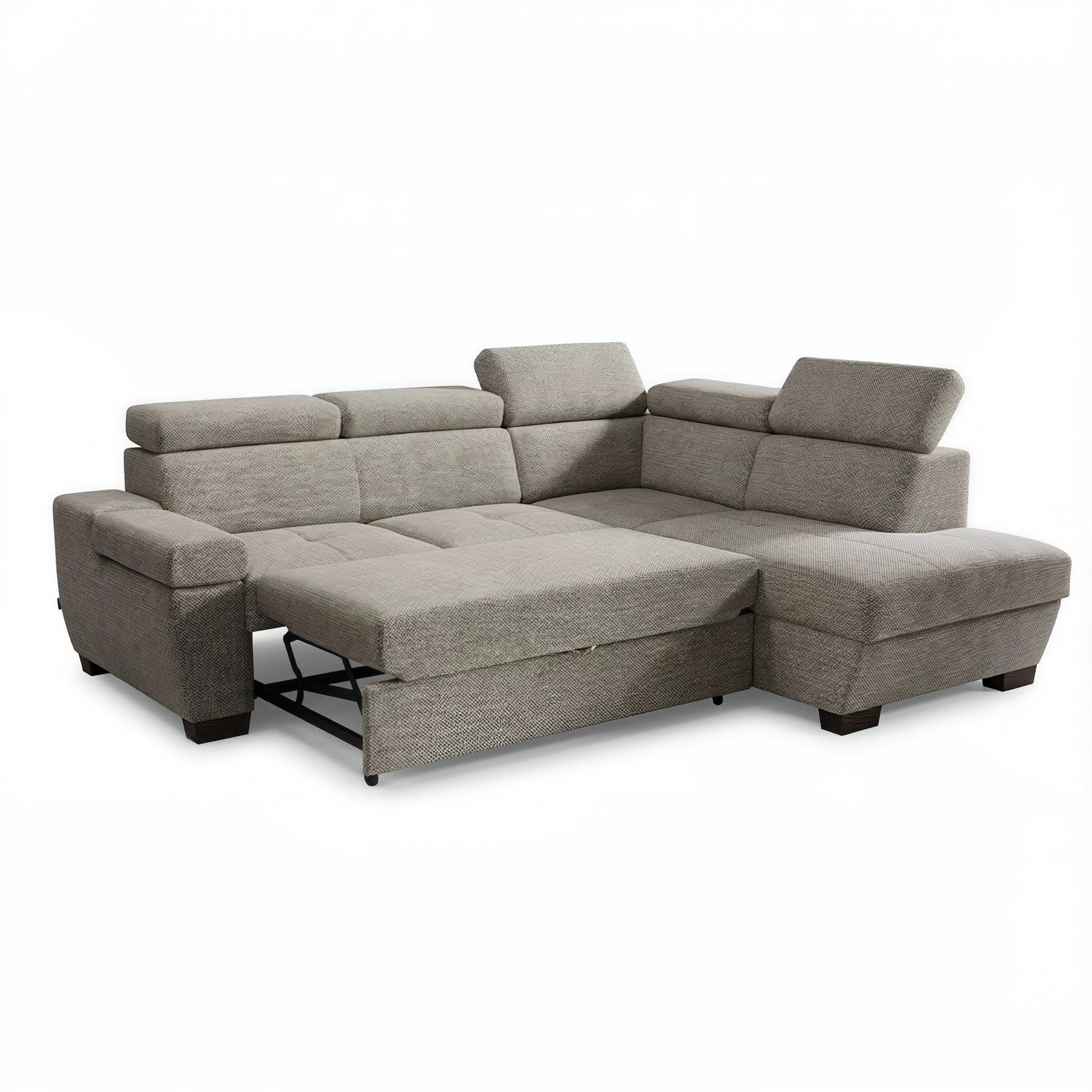 A beige upholstered sectional sofa with a chaise lounge and reclining seat section, shown on a plain white background.