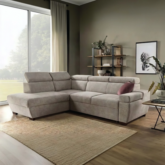 A beige fabric sectional sofa with a left-facing chaise lounge, styled in a modern living room with a woven area rug, wooden floor, and shelving.