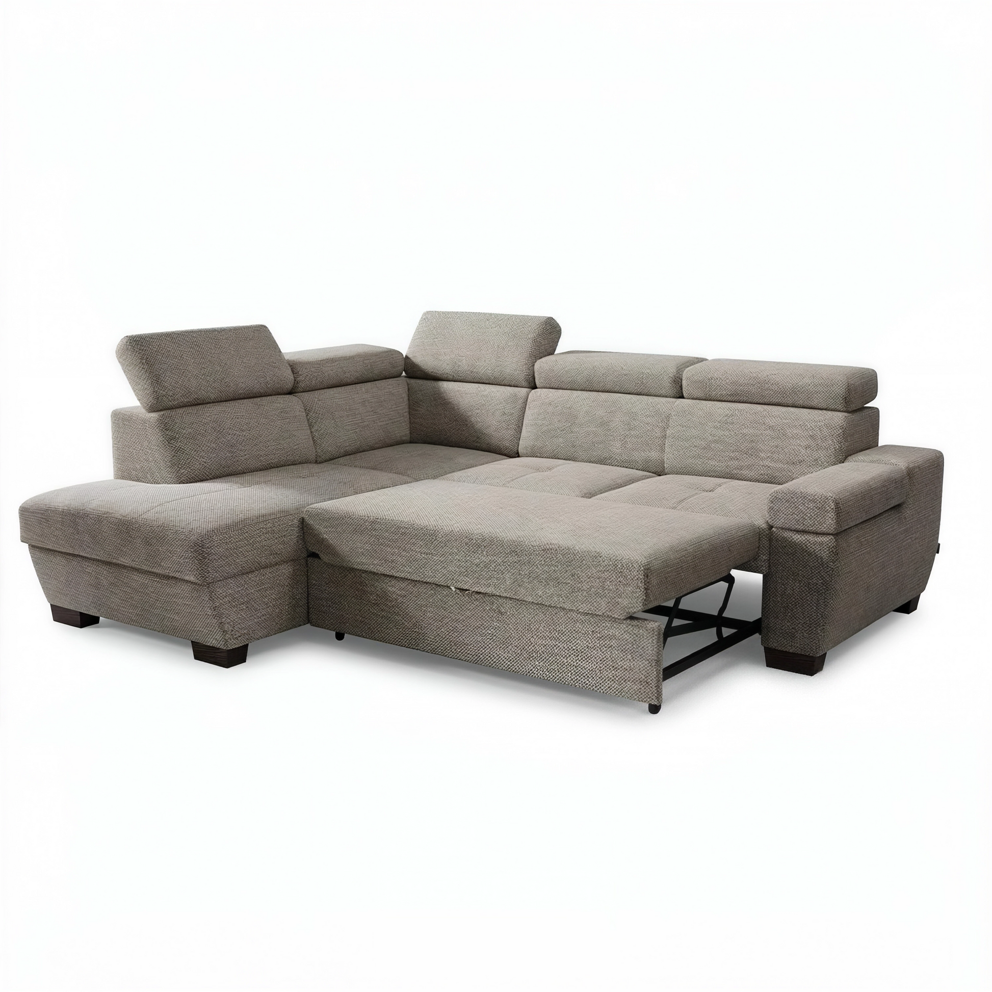 A beige fabric sectional sofa with a chaise lounge on the left and a reclining seat section, shown on a plain white background.