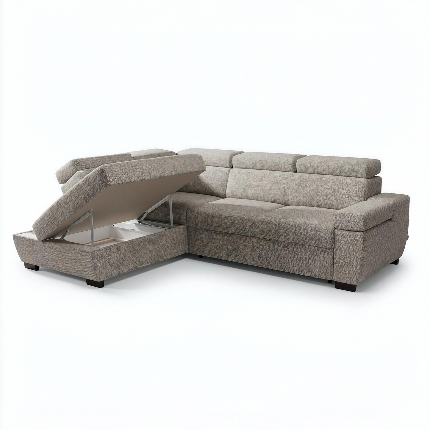A beige upholstered sectional sofa with a raised chaise lounge section on the left, showing the storage compartment underneath, set against a plain white background.