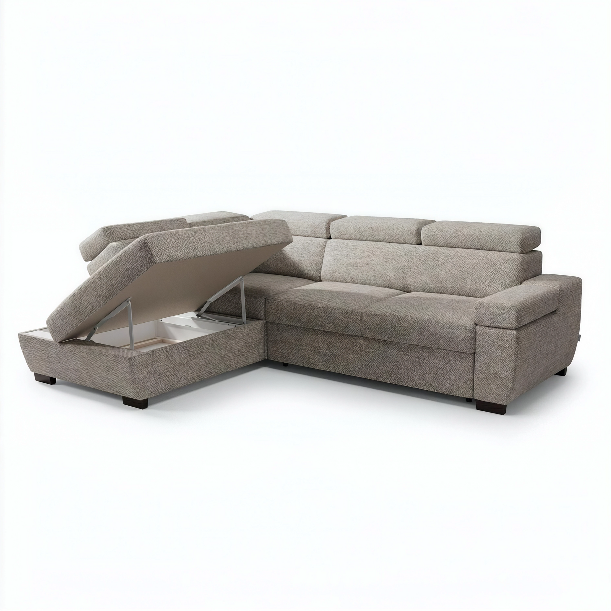 A beige upholstered sectional sofa with a raised chaise lounge section on the left, showing the storage compartment underneath, set against a plain white background.