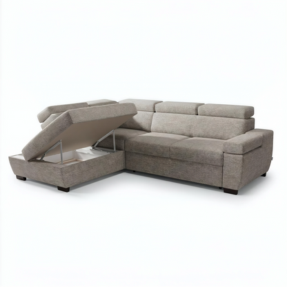 A beige upholstered sectional sofa with a raised chaise lounge section on the left, showing the storage compartment underneath, set against a plain white background.