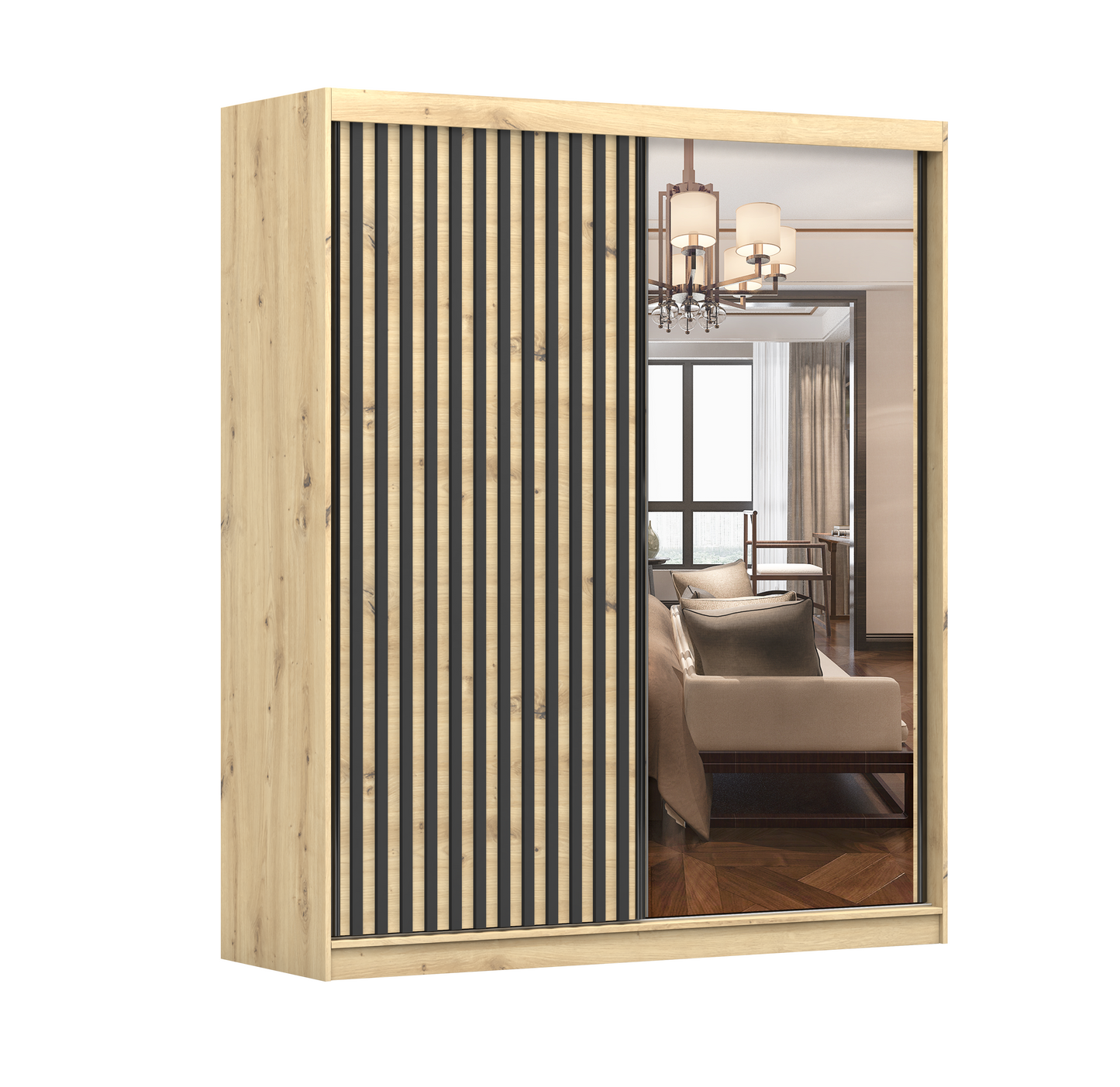 WENEDA - 2 SLIDING DORS WARDROBE ARTISAN WITH MIRROR SHELVES RAIL WIDTH 183 CM