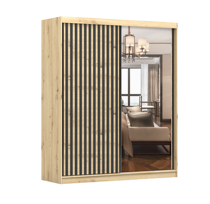 WENEDA - 2 SLIDING DORS WARDROBE ARTISAN WITH MIRROR SHELVES RAIL WIDTH 183 CM