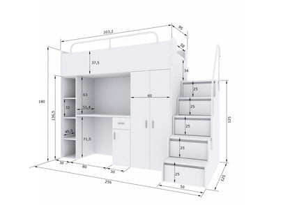Jessie 4s High Sleeper Modern Set with Wardrobe Desk Stairs and Sleeping Space 90x200cm