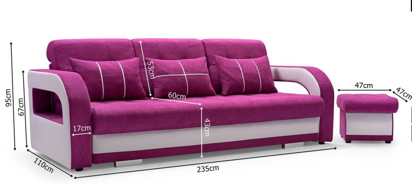 NENA - SOFA BED WITH PUFF &  SLEEPING FUNCTION & STORAGE >235 x 110cm<