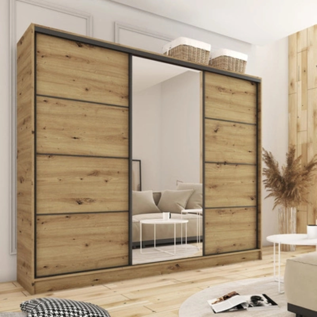 ANEYA Mirror - 3 Sliding Doors Wardrobe With Drawers Shelves 2 Rail Mirror Various Colour 200 cm