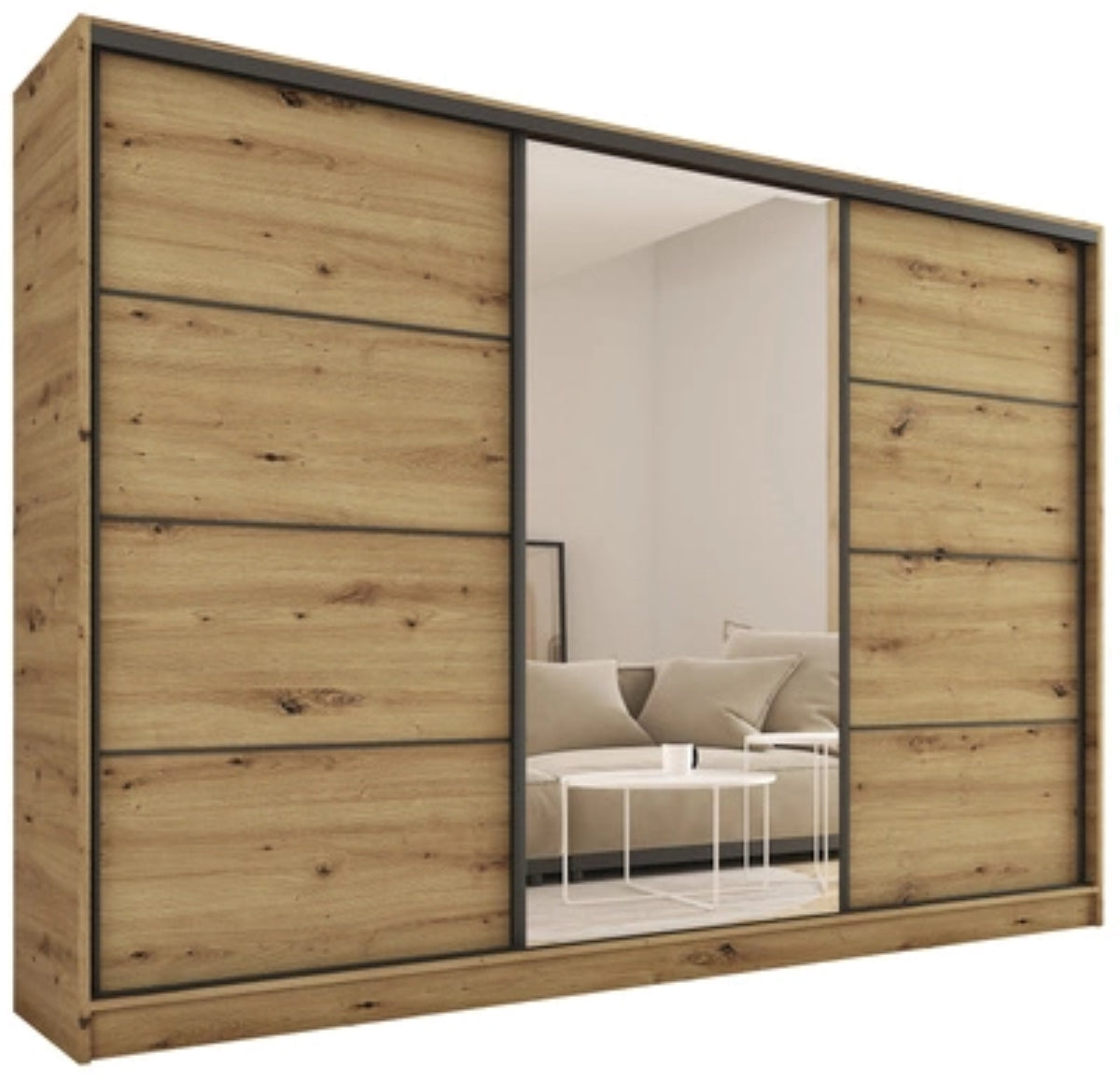 ANEYA Mirror - 3 Sliding Doors Wardrobe With Drawers Shelves 2 Rail Mirror Various Colour 200 cm